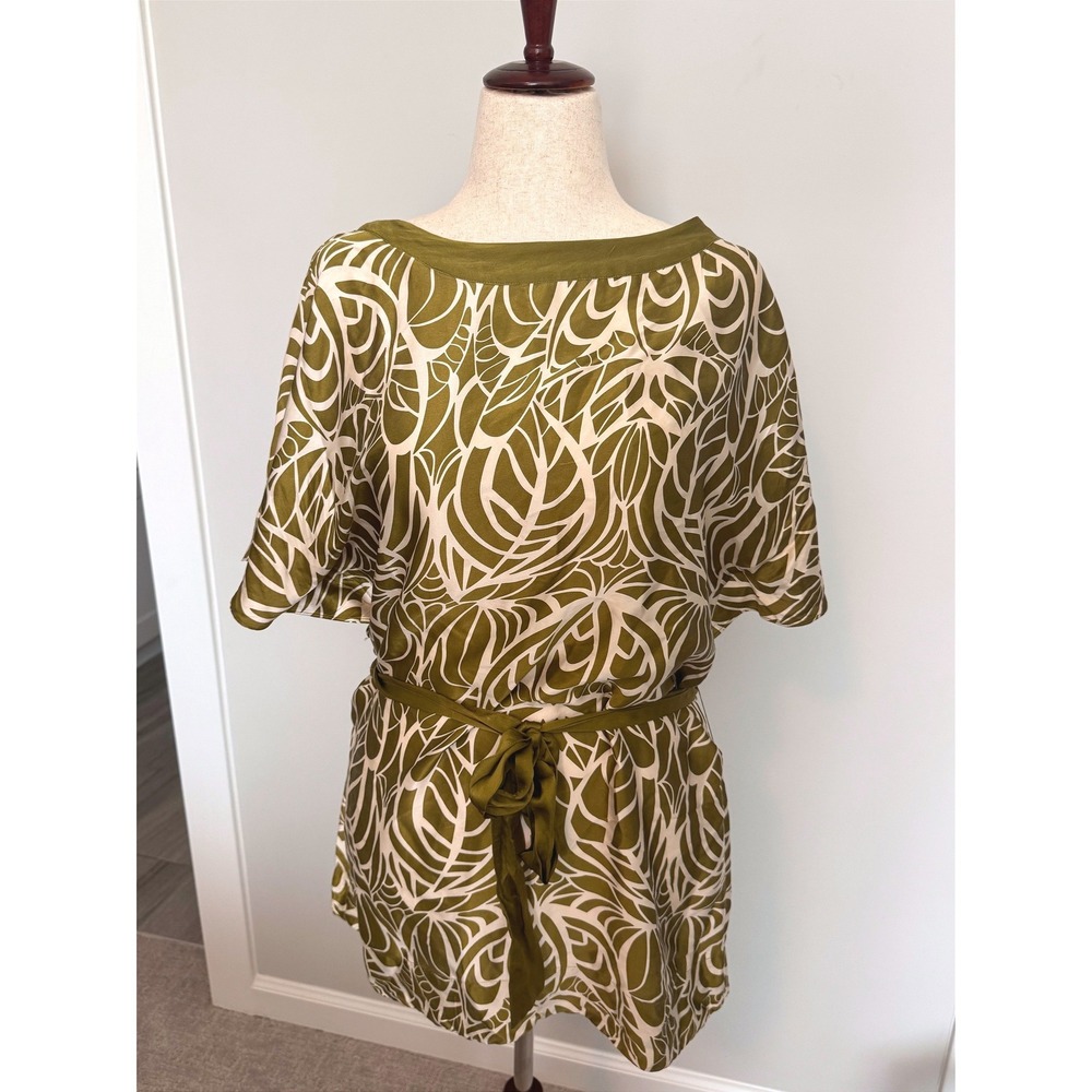 MONSOON | Vintage Silk Tunic Dress Womens Olive Green Abstract Leaf Print Boho